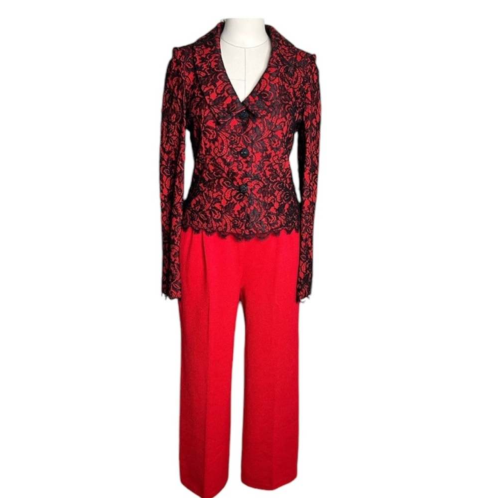 St.John floral lace jacket in Crimson with red Santana knit pants